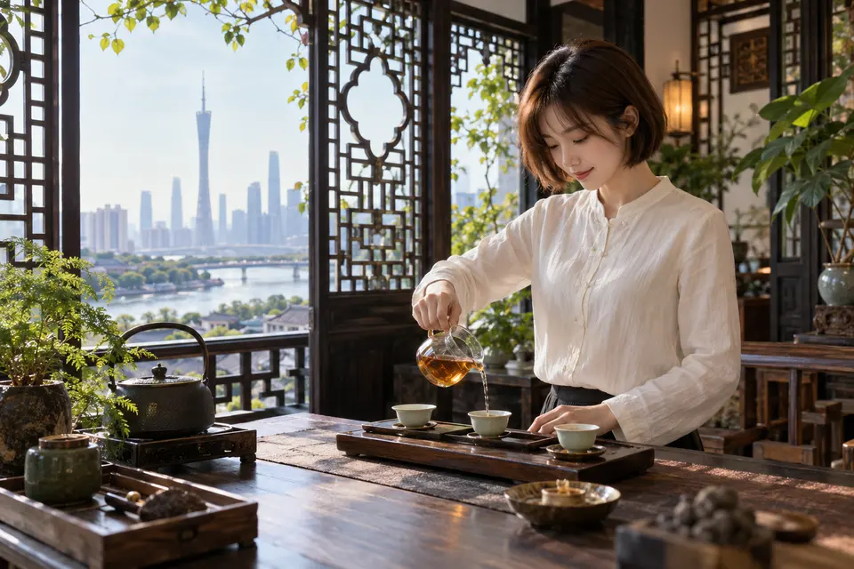 岭南花窗前的冲泡茶席，公道杯与茶具摆放示意