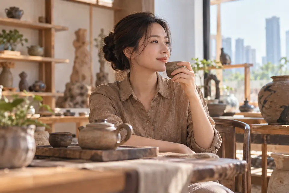 陶艺茶器与茶杯特写示意