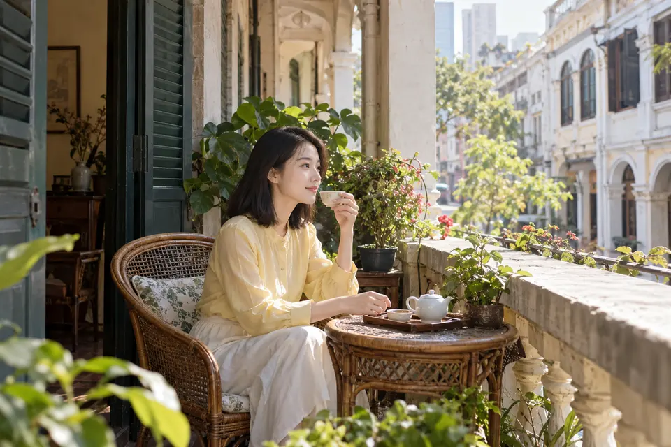 清晨阳台白瓷茶饮休闲场景示意